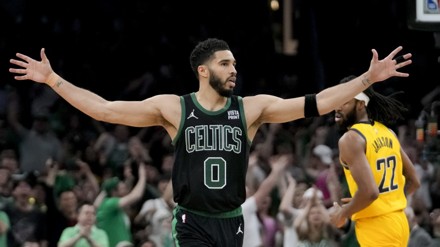 Associated Press - Boston Celtics forward Jayson Tatum reacts during the second half of Game 2 of the NBA Eastern Conference basketball finals against the Indiana Pacers, Thursday, May 23, 2024, in Boston. (AP Photo/Steven Senne)