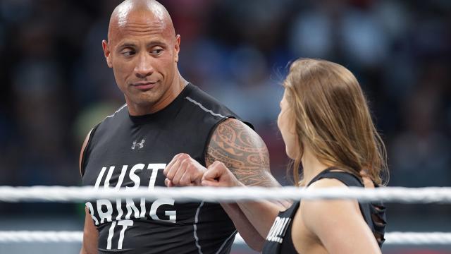 The Rock and Ronda Rousey at Wrestlemania 31