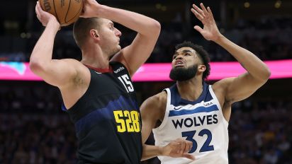 Getty Images - DENVER, COLORADO - MAY 06: Nikola Jokic #15 pf the Denver Nuggets is guarded by Karl-Anthony Towns #32 of the Minnesota Timberwolves in the first quarter during Game Two of the Western Conference Second Round Playoffs at Ball Arena on May 06, 2024 in Denver, Colorado. NOTE TO USER: User expressly acknowledges and agrees that, by downloading and or using this photograph, User is consenting to the terms and conditions of the Getty Images License Agreement. (Photo by Matthew Stockman/Getty Images)