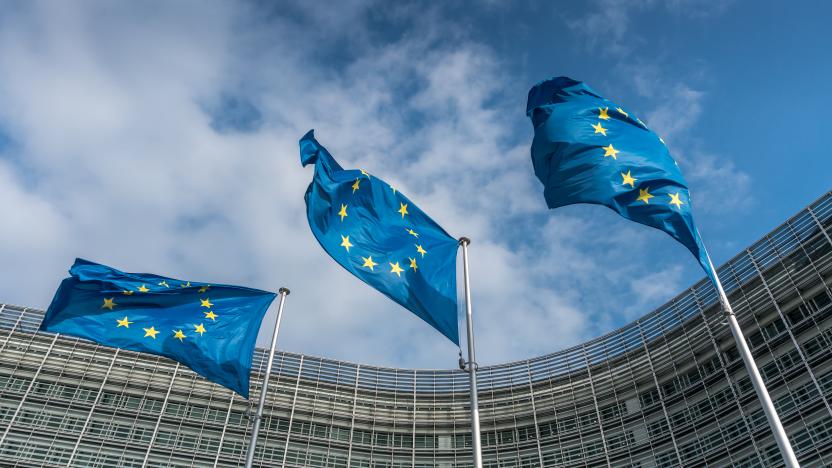 European Union flags at Berlaymont building of the European Commission in Brussels, Belgium