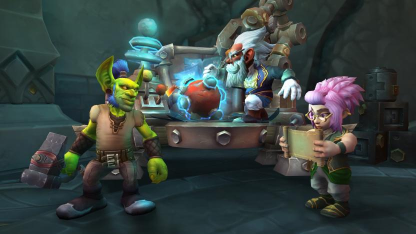 Three characters stand next to electrified machinery in World of Warcraft.