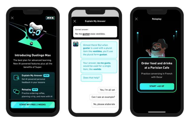 Three screenshots of Duolingo's new Max tier, which gives users the option to practice their language skills with a GPT-4 powered chatbot.