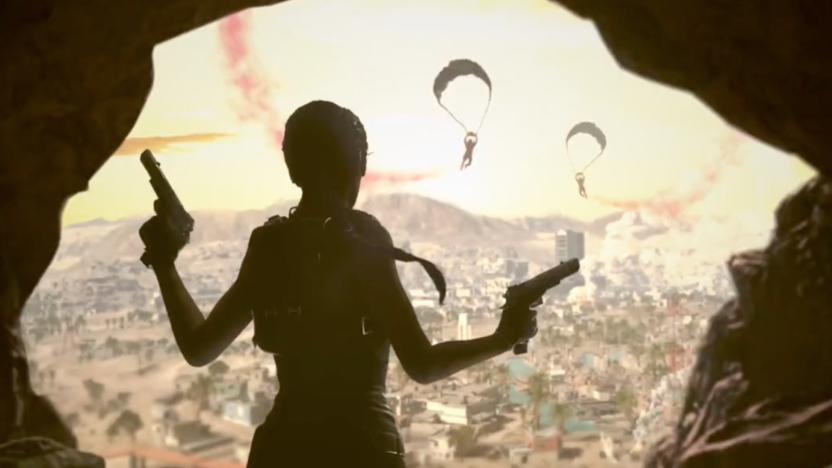 A shadow-soaked Lara Croft stares down parachuting soldiers.