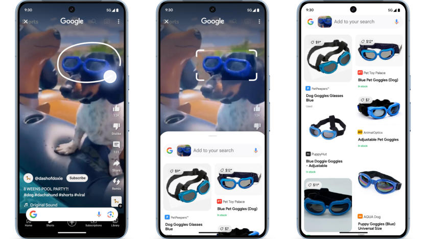 Three phone screens lined up horizontally, showing a new Google feature that lets you circle something on your screen to search for it. The left screen shows a picture of a dog wearing sunglasses in a social post with a user-scribbled circle over it. The center screen shows a results page that pops up at the bottom of the screen. The right screen shows an expansion of that with product pages for the goggles.