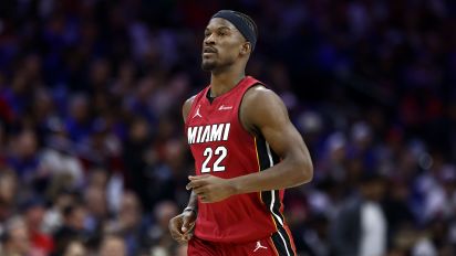 Getty Images - PHILADELPHIA, PENNSYLVANIA - APRIL 17: Jimmy Butler #22 of the Miami Heat looks on during the first quarter against the Philadelphia 76ers during the Eastern Conference Play-In Tournament at the Wells Fargo Center on April 17, 2024 in Philadelphia, Pennsylvania. NOTE TO USER: User expressly acknowledges and agrees that, by downloading and or using this photograph, User is consenting to the terms and conditions of the Getty Images License Agreement. (Photo by Tim Nwachukwu/Getty Images)