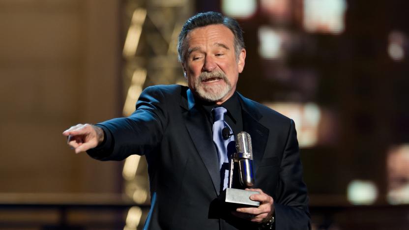 NEW YORK, NY - APRIL 28:  Comedian Robin Williams accepts an award onstage at The Comedy Awards 2012 at Hammerstein Ballroom on April 28, 2012 in New York City.  (Photo by Gilbert Carrasquillo/FilmMagic)