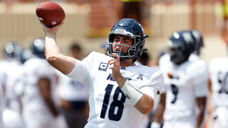 Getty Images - AUSTIN, TEXAS - SEPTEMBER 02: JT Daniels #18 of the Rice Owls warms up before the game against the Texas Longhorns at Darrell K Royal-Texas Memorial Stadium on September 02, 2023 in Austin, Texas. (Photo by Tim Warner/Getty Images)