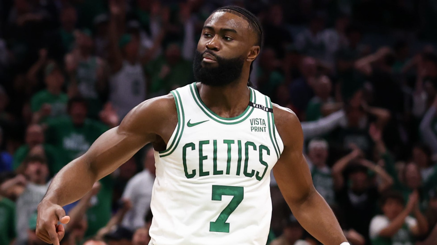 Getty Images - BOSTON, MASSACHUSETTS - JUNE 06: Jaylen Brown #7 of the Boston Celtics reacts during the second quarter against the Dallas Mavericks in Game One of the 2024 NBA Finals at TD Garden on June 06, 2024 in Boston, Massachusetts. NOTE TO USER: User expressly acknowledges and agrees that, by downloading and or using this photograph, User is consenting to the terms and conditions of the Getty Images License Agreement. (Photo by Maddie Meyer/Getty Images)