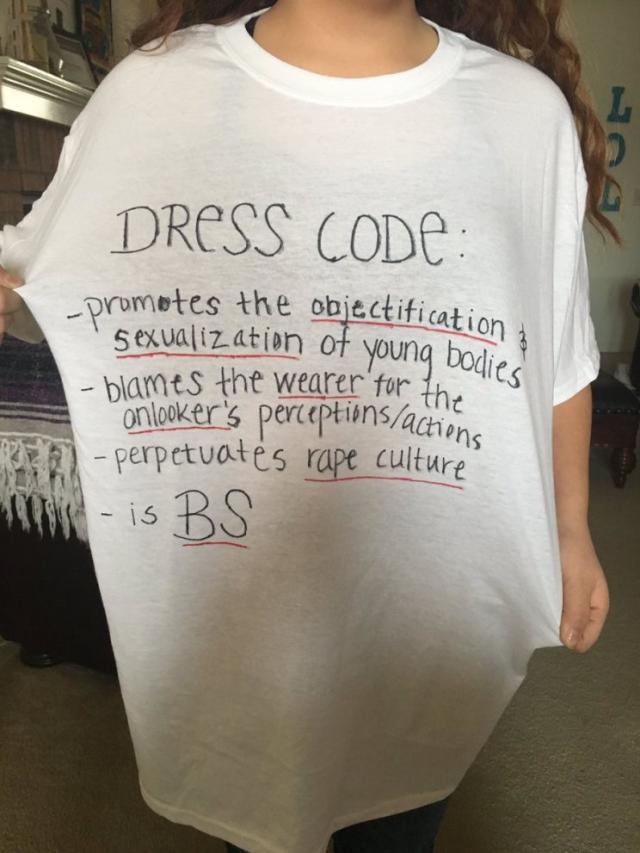 Snarky T-shirt with handwritten list of problems with dress codes.