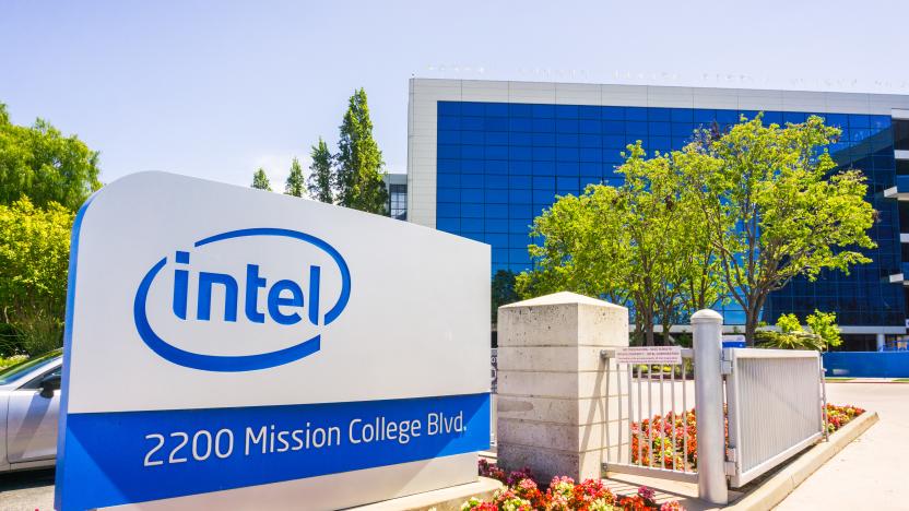 May 3, 2018 Santa Clara / CA / USA - Intel sign located in front of the entrance to the offices and museum located in Silicon Valley, south San Francisco bay area