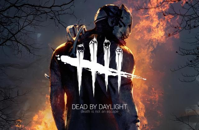 Promotional art for the video game “Dead by Daylight.” It shows the back of a scary horror hiller wearing a mask.