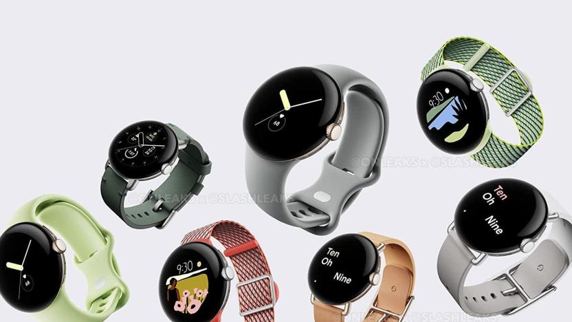 Leaked image of Google's Pixel Watch showing some of the watch faces and band designs.