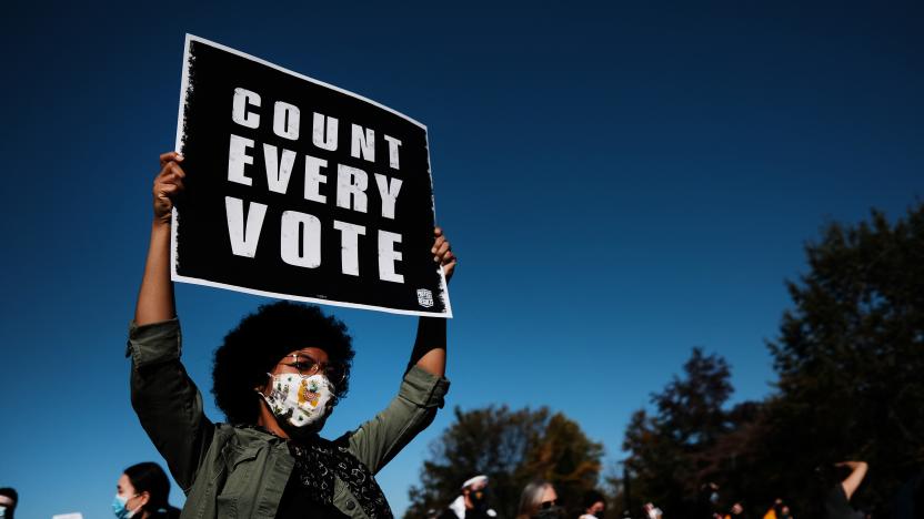 PHILADELPHIA, PENNSYLVANIA - NOVEMBER 04: People participate in a protest in support of counting all votes as the election in Pennsylvania is still unresolved on November 04, 2020 in Philadelphia, Pennsylvania. With no winner declared in the presidential election last night, all eyes are on the outcome in a few remaining swing states to determine whether Donald Trump will get another four years or Joe Biden will become the next president of the United States. The counting of ballots in Pennsylvania continued through the night with no winner yet announced. (Photo by Spencer Platt/Getty Images)