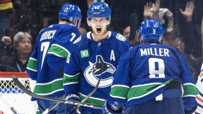 Getty Images - VANCOUVER, CANADA - MAY 8: Elias Pettersson #40 of the Vancouver Canucks celebrates the Vancouver Canucks win against the Edmonton Oilers in Game One of the Second Round of the 2024 Stanley Cup Playoffs at Rogers Arena on May 8, 2024 in Vancouver, British Columbia, Canada. Vancouver won 5-4. (Photo by Jeff Vinnick/NHLI via Getty Images)