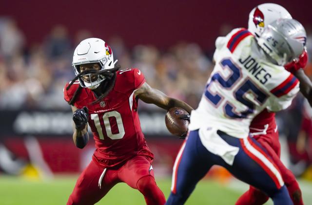 Dec 12, 2022; Glendale, Arizona, USA; Arizona Cardinals wide receiver DeAndre Hopkins (10) against the New England Patriots at State Farm Stadium. Mandatory Credit: Mark J. Rebilas-USA TODAY Sports