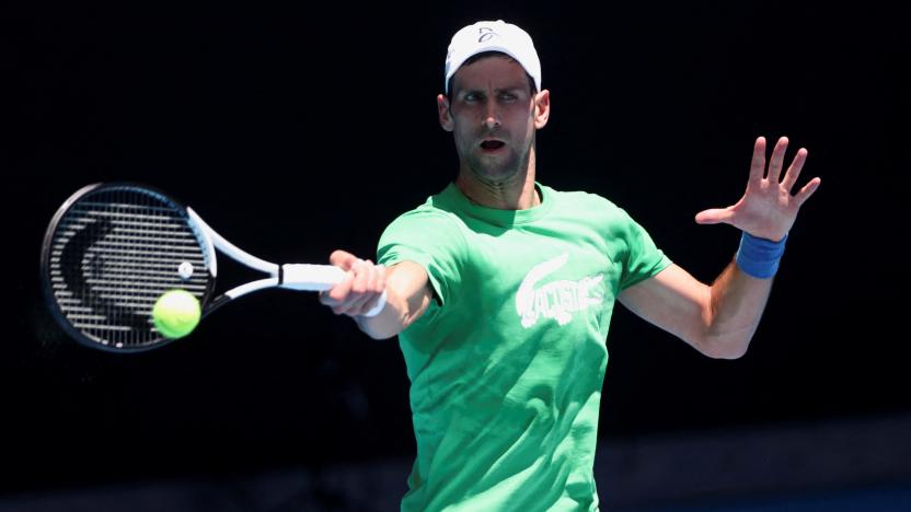 Serbian tennis player Novak Djokovic practices at Melbourne Park as questions remain over the legal battle regarding his visa to play in the Australian Open in Melbourne, Australia, January 13, 2022.  REUTERS/Asanka Brendon Ratnayake