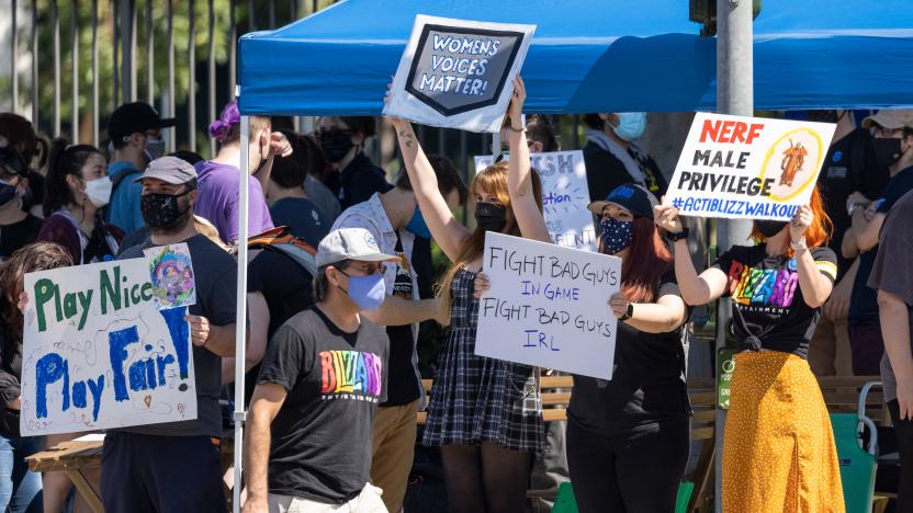 Employees of the video game company, Activision Blizzard, hold a walkout and protest rally to denounce the companys response to a California Department of Fair Employment and Housing lawsuit and to call for changes in conditions for women and other marginalized groups, in , in Irvine, California, on July 28, 2021.  (Photo by DAVID MCNEW / AFP) (Photo by DAVID MCNEW/AFP via Getty Images)