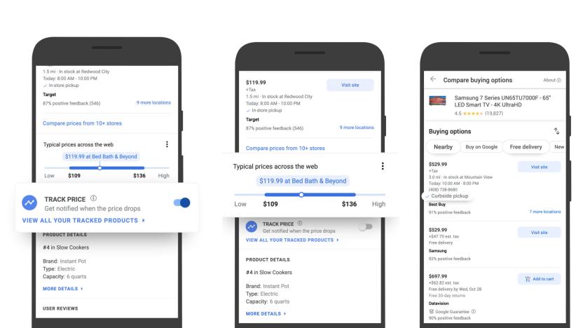 Google Shopping screenshots showing the company's new price-tracking tool.