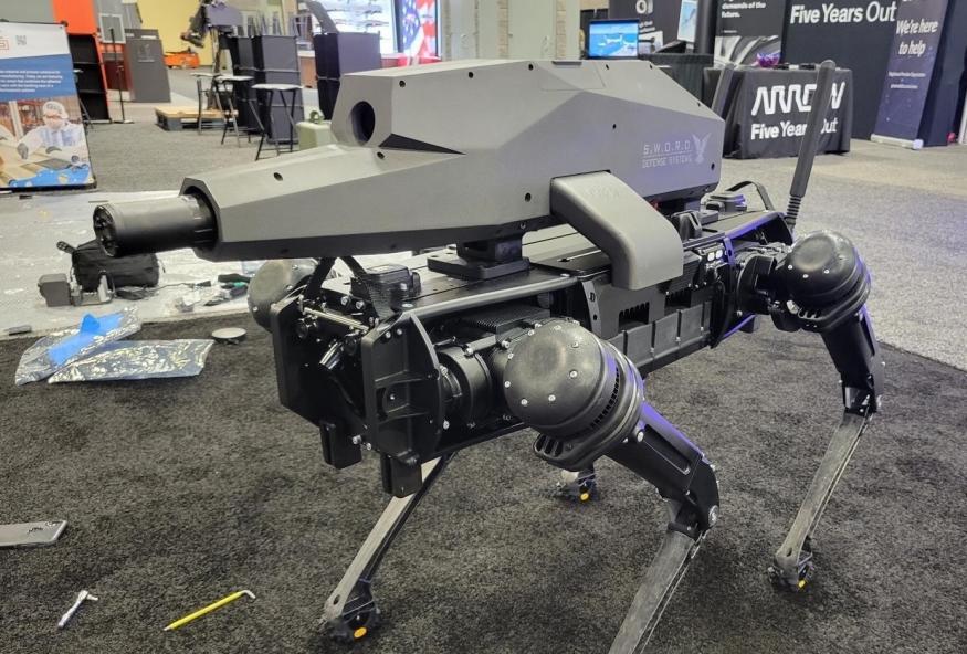 Ghost Robotics' Q-UGV robot dog with a gun module attached
