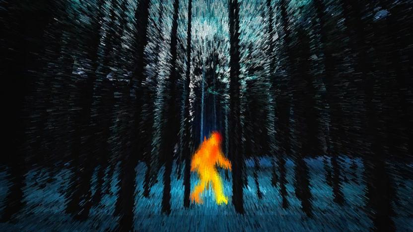 I mockup of a forest with a bigfoot caught by a thermal camera.