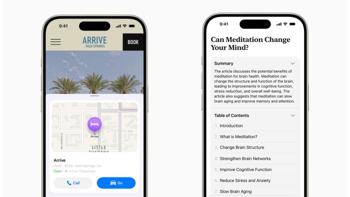 A composite of two images, each showing an iPhone with a different Safari feature on its screen. The left shows the new Highlights tool that displays pertinent information of a hotel's website, like a map with its location, a call button with its phone number and address. The right shows the redesigned Reader, which has a summary and table of contents for the article "Can Meditation Change Your Mind?"