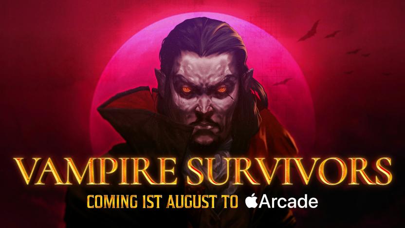 Vampire Survivors key art depicting a vampire with a text overlay reading "Vampire Survivors coming 1st August to Apple Arcade"