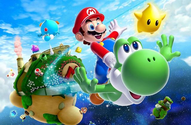 Game art of Mario riding Yoshi through space with a star character floating next to them. A small green planet, shaped like Mario’s head (with green grass for ‘hair’) looms behind them.
