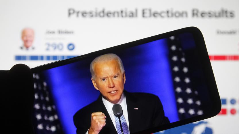 UKRAINE - 2020/11/08: In this photo illustration the US Democratic presidential candidate Joe Biden speaks during a rally in Wilmington on a YouTube video displayed on a screen of a smartphone. (Photo Illustration by Pavlo Conchar/SOPA Images/LightRocket via Getty Images)