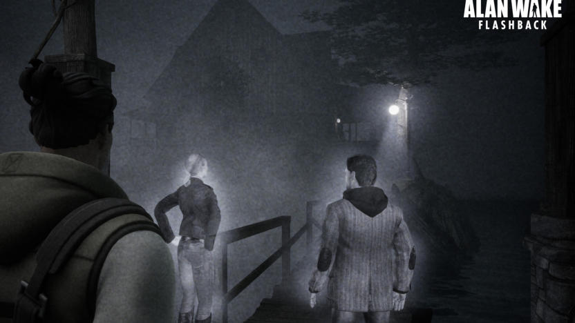 Marketing screenshot for the Alan Wake / Fortnite tie-in. A player watches a holographic recreation of events from the original game. Grainy black and white appearance.