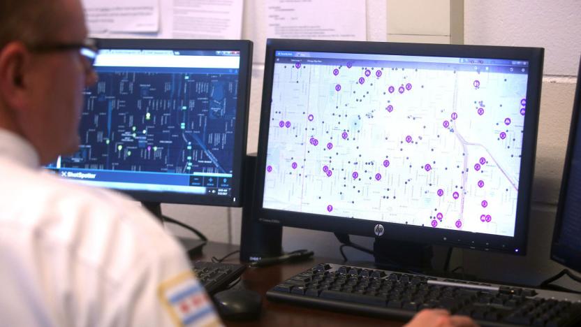 In this photo from 2017, police monitor ShotSpotter and other crime detection programs at the Chicago Police Department 7th District&apos;s Strategic Decision Support Center. (Michael Tercha/Chicago Tribune/Tribune News Service via Getty Images)