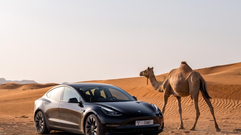 A photograph of a Tesla Model 3 next to a camel against a desert backdrop.