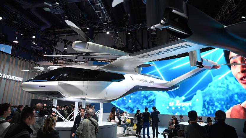 The Hyundai S-A1 electric Urban Air Mobility concept is displayed January 7, 2020 at the 2020 Consumer Electronics Show (CES) in Las Vegas, Nevada. - The flying taxi is designed for Uber Elevate's upcoming urban air travel service. The modular Fiat Centoventi concept car is displayed, January 7, 2020 at the 2020 Consumer Electronics Show (CES) in Las Vegas, Nevada. (Photo by Robyn Beck / AFP) (Photo by ROBYN BECK/AFP via Getty Images)