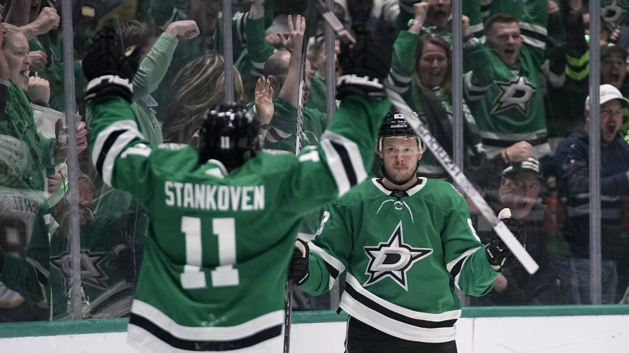 Associated Press - Dallas Stars' Logan Stankoven (11) and Evgenii Dadonov (63) celebrate a goal scored bby Dadonov off an assist from Stankoven in the first period in Game 5 of an NHL hockey Stanley Cup first-round playoff series against the Vegas Golden Knights in Dallas, Wednesday, May 1, 2024. (AP Photo/Tony Gutierrez)