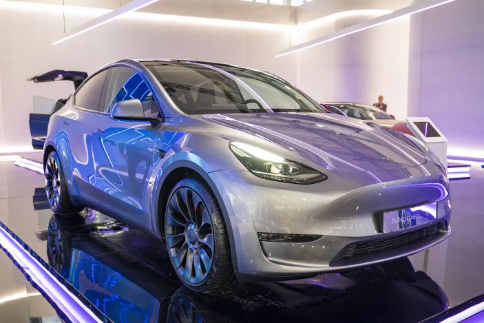 BRUSSELS, BELGIUM - JANUARY 13: Tesla Model Y full electric crossover SUV on dsipaly at Brussels Expo on January 13, 2023 in Brussels, Belgium. (Photo by Sjoerd van der Wal/Getty Images)