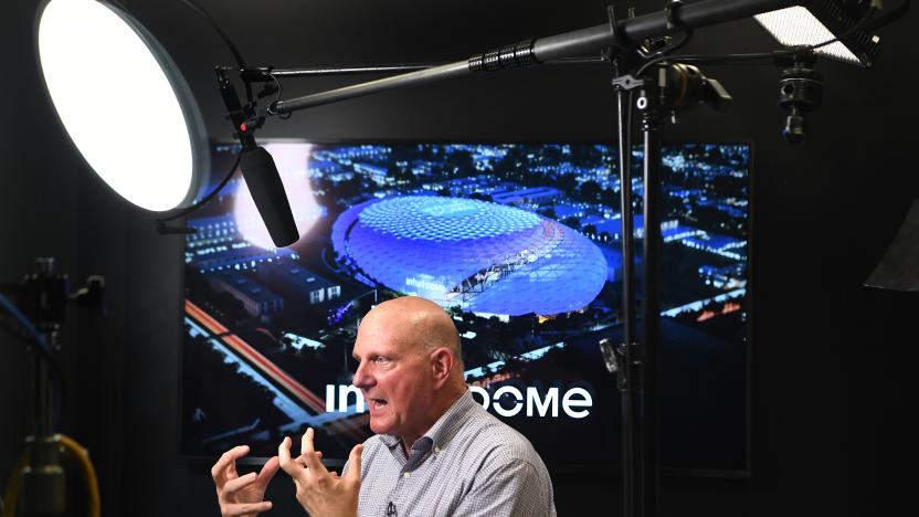 Los Angeles, CA. September 16, 2021: Clippers owner Steve Ballmer taels with the media after a virtual tour of the Intuit Dome, the future home of the Los Angeles Clippers. (Wally Skalij/Los Angeles Times via Getty Images)