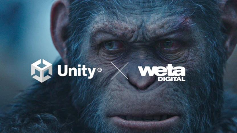 A CGI ape overlaid with the Unity and Weta Digital logos.