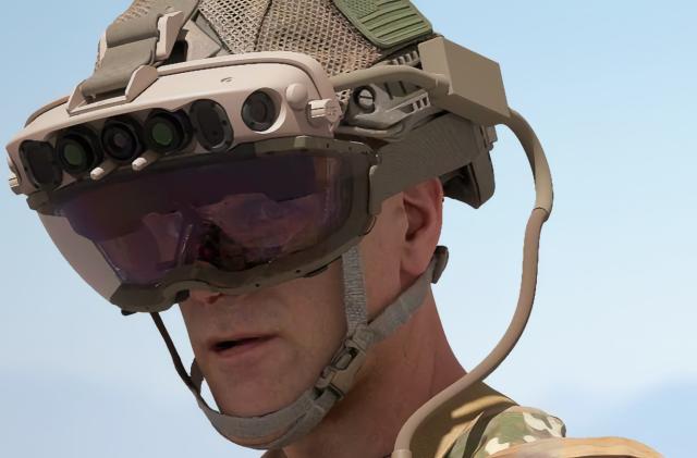 A US Army soldier wearing an adapted Microsoft HoloLens headset for military training.