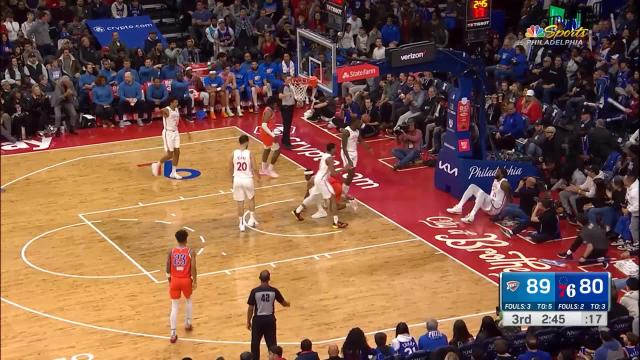 Joel Embiid with a block vs the Oklahoma City Thunder