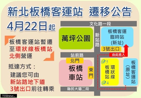 板橋客運站二十二日搬遷至板橋客運臨時站營運