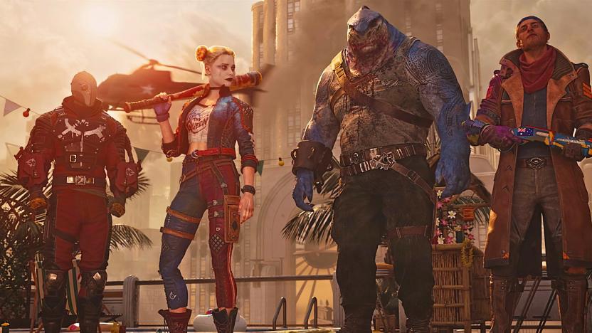 Gaming artwork featuring Deadshot, Harley Quinn, King Shark and Captain Boomerang standing side by side.