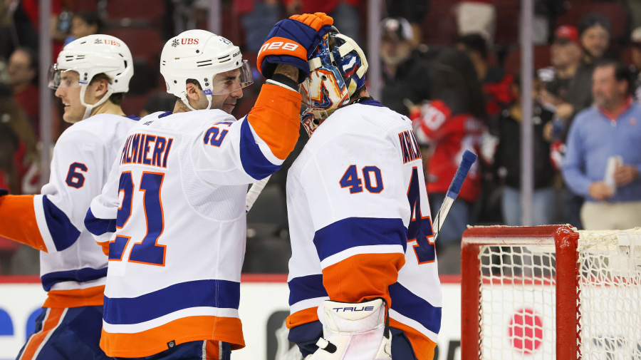 Getty Images - NEWARK, NJ - APRIL 15: New York Islanders center Kyle Palmieri (21) celebrates with New York Islanders goaltender Semyon Varlamov (40) after defeating the New Jersey Devils during a game between the New York Islanders and New Jersey Devils on April 15, 2024 at Prudential Center in the Newark, New Jersey. (Photo by Andrew Mordzynski/Icon Sportswire via Getty Images)