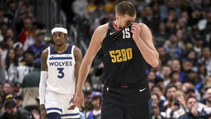 Getty Images - DENVER, CO - MAY 6: Nikola Jokic (15) of the Denver Nuggets wipes his face after turning the ball over to the Minnesota Timberwolves during the second quarter at Ball Arena in Denver on Monday, May 6, 2024. (Photo by AAron Ontiveroz/The Denver Post)