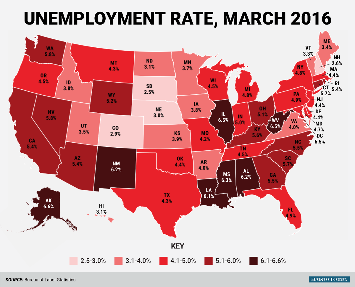 Here's every US state's unemployment rate in March