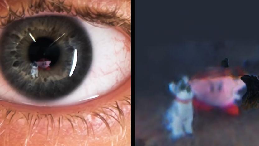 Split-panel scene. On the left, an extreme closeup of a person's eye. On the right, a fuzzy reconstruction of the scene, which shows a toy dog and a Kirby doll.