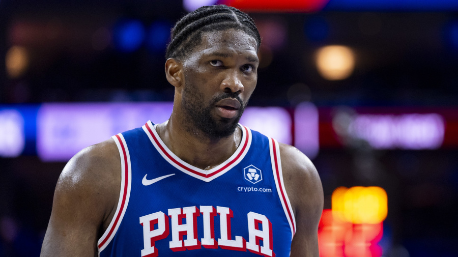 Associated Press - Philadelphia 76ers' Joel Embiid looks on during the NBA basketball play-in tournament game against the Miami Heat, Wednesday, April 17, 2024, in Philadelphia. The 76ers won 105-104.(AP Photo/Chris Szagola)