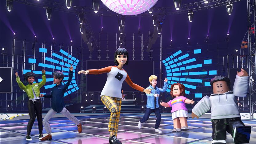 A marketing image for Robox, featuring virtual children and teenagers dancing on a floor with a disco ball overhead.