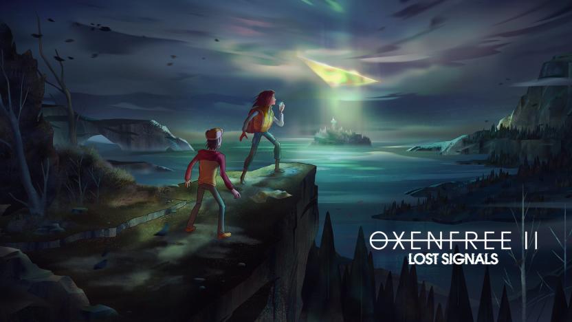 Two charcters stand on the edge of a cliff looking into the distance, where light passes through a triangular opening in the sky onto an island. Text in the lower right reads "Oxenfree II: Lost Signals."