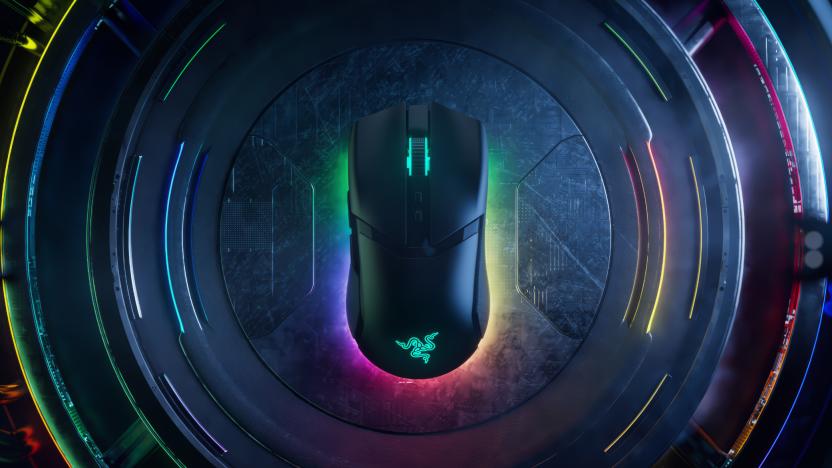 Overhead shot of the Razer Cobra Pro mouse in the middle of metallic sci-fi concentric circles.