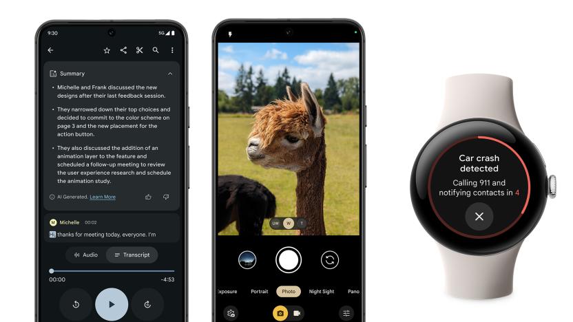 Google Pixel and Watch shots featuring Recorder, lens selection and car crash detection features.