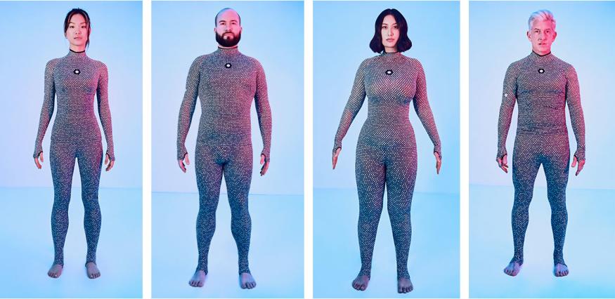 Picture of four people with different body shapes wearing the Zozofit Zozosuit, used for making quick 3D scans of your body.